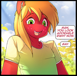 Size: 437x436 | Tagged: safe, artist:hoodie, character:big mcintosh, species:anthro, species:earth pony, species:pony, comic:butters big night, clothing, comic, cropcon, cropped, dialogue, explicit series, gay, looking at you, male, offscreen character, shirt, solo, speech bubble, stallion, t-shirt