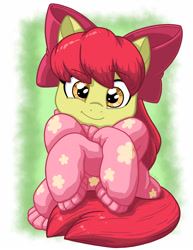 Size: 2550x3300 | Tagged: safe, artist:latecustomer, character:apple bloom, species:earth pony, species:pony, adorabloom, clothing, cute, female, filly, hnnng, looking at you, oversized clothes, smiling, sweater