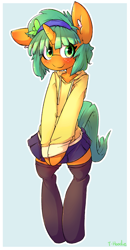 Size: 1438x2755 | Tagged: safe, artist:hoodie, character:snails, species:pony, species:unicorn, ask glitter shell, bipedal, blushing, clothing, crossdressing, cute, diasnails, ear fluff, femboy, girly, glitter shell, hairband, hoodie, kneesocks, looking at you, male, moe, semi-anthro, simple background, skirt, skirt pull, smiling, socks, solo, thigh highs