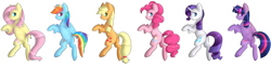 Size: 4274x1039 | Tagged: safe, artist:tigra0118, character:applejack, character:fluttershy, character:pinkie pie, character:rainbow dash, character:rarity, character:twilight sparkle, character:twilight sparkle (alicorn), species:alicorn, species:earth pony, species:pegasus, species:pony, species:unicorn, aside glance, bipedal, colored pupils, female, looking at you, looking sideways, mane six, mare, rearing, simple background, smiling, white background