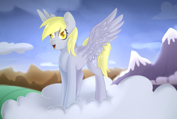 Size: 1063x720 | Tagged: safe, artist:renka2802, artist:tigra0118, character:derpy hooves, species:pegasus, species:pony, cloud, colored pupils, cute, derpabetes, female, happy, i have seen everything, mare, mountain, open mouth, sky, solo, spread wings, standing on a cloud, thousand yard stare, wings