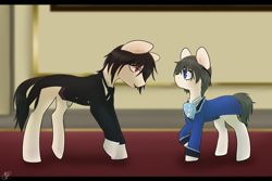 Size: 1080x720 | Tagged: safe, artist:tigra0118, species:earth pony, species:pony, black butler, ciel phantomhive, clothing, colored pupils, crossover, duo, male, ponified, raised hoof, sebastian michaelis, stallion, suit