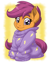 Size: 2550x3300 | Tagged: safe, artist:latecustomer, character:scootaloo, species:pegasus, species:pony, clothing, cute, cutealoo, female, filly, looking at you, oversized clothes, smiling, solo, sweater
