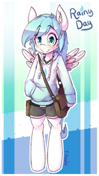 Size: 891x1573 | Tagged: safe, artist:hoodie, oc, oc only, oc:rainy day, species:pegasus, species:pony, bag, bipedal, clothing, ear fluff, hoodie, looking at you, male, semi-anthro, shirt, shorts, smiling, stallion, wings