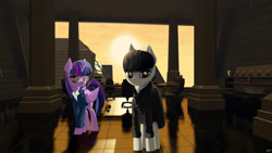 Size: 4800x2700 | Tagged: safe, artist:styroponyworks, character:octavia melody, character:owlowiscious, character:twilight sparkle, character:twilight sparkle (alicorn), species:alicorn, species:earth pony, species:pony, 3d, blade runner, blender, bow tie, chair, clothing, column, female, glasses, indoors, mare, mixed media, office chair, scenery, skirt, suit, sun, table, tile