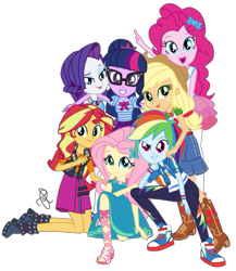 Size: 1780x2048 | Tagged: safe, artist:ilaria122, official, character:applejack, character:fluttershy, character:pinkie pie, character:rainbow dash, character:rarity, character:sunset shimmer, character:twilight sparkle, character:twilight sparkle (scitwi), species:eqg human, g4, my little pony: equestria girls, my little pony:equestria girls, adorkable, applejack's hat, belt, boots, bow, bow tie, clothing, confident, converse, cowboy hat, cute, dork, dress, female, freckles, geode of empathy, geode of fauna, geode of shielding, geode of super speed, geode of super strength, geode of telekinesis, glasses, happy, hat, high heels, humane five, humane seven, humane six, jacket, kneeling, magical geodes, multicolored hair, new design, new outfit, not a vector, pants, ponytail, sandals, shoes, signature, simple background, skirt, sneakers, standing, stetson, sweatshirt, toes, transparent background, twiabetes
