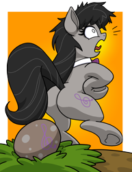Size: 2550x3300 | Tagged: safe, artist:latecustomer, character:octavia melody, species:earth pony, species:pony, behaving like a chicken, commission, egg, female, hen, laying an egg, mare, open mouth, oviposition, plot, solo, tongue out, underhoof, wat