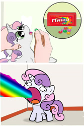 Size: 515x771 | Tagged: safe, artist:agm, character:sweetie belle, species:pony, species:unicorn, candy, derp, feeding, female, filly, food, hand, meme, open mouth, pills, rainbow, russian, shoop da whoop, skittles, sweetie derelle, wide eyes, wikihow
