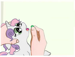 Size: 515x394 | Tagged: safe, artist:agm, edit, character:sweetie belle, species:human, species:pony, species:unicorn, candy, feeding, female, filly, floppy ears, food, force feeding, hand, meme, open mouth, pills, simple background, skittles, white background