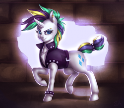 Size: 3000x2613 | Tagged: safe, artist:souladdicted, character:rarity, species:pony, species:unicorn, episode:it isn't the mane thing about you, g4, my little pony: friendship is magic, alternate hairstyle, clothing, ear piercing, female, mare, piercing, punk, punkity, raised hoof, short hair, smiling, solo