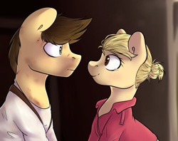 Size: 1573x1248 | Tagged: safe, artist:tigra0118, species:earth pony, species:pony, clothing, crossover, elena fisher, looking at each other, nathan drake, ponified, smiling, uncharted