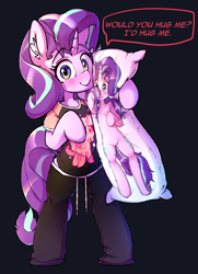 Size: 870x1200 | Tagged: safe, artist:hoodie, character:starlight glimmer, species:pony, species:unicorn, bipedal, body pillow, bronybait, clothing, cute, female, glimmerbetes, hug, mare, pajamas, pants, pillow, semi-anthro, shirt, solo, suggestive source, sweet dreams fuel