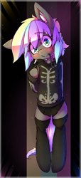 Size: 500x1100 | Tagged: safe, artist:hoodie, oc, oc only, oc:ice trio, species:earth pony, species:pony, bipedal, blushing, clothing, cute, ear fluff, female, hoodie, lace in mouth, looking at you, mare, moe, simple background, skirt, skirt lift, smiling, socks, solo, thigh highs