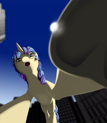 Size: 3300x3800 | Tagged: safe, artist:styroponyworks, oc, oc only, oc:eleos, species:pony, 3d, blender, city, female, frog (hoof), giant pony, looking at you, looking down, macro, mare, mixed media, sky, solo, underhoof