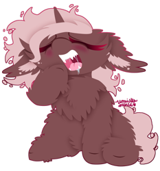 Size: 1024x1099 | Tagged: safe, artist:vanillaswirl6, oc, oc only, oc:crona, species:pony, species:unicorn, blushing, chest fluff, colored eyelashes, drool, drool string, ear fluff, eyes closed, female, floppy ears, fluffy, hoof fluff, mare, open mouth, sharp teeth, simple background, sitting, solo, teeth, transparent background, yawn, ych result