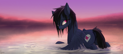 Size: 5400x2402 | Tagged: safe, artist:fenixdust, oc, oc only, oc:elixir, species:pegasus, species:pony, dusk, female, lake, looking back, mare, scar, smiling, solo, wading, water
