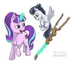 Size: 1222x1038 | Tagged: safe, artist:haretrinity, character:rumble, character:starlight glimmer, species:pegasus, species:pony, species:unicorn, equal cutie mark, flying, levitation, magic, open mouth, s5 starlight, simple background, staff, staff of sameness, telekinesis, this will end in communism, transparent background