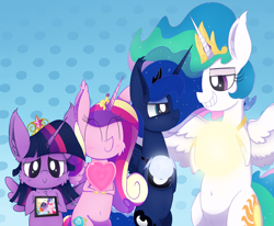 Size: 4327x3562 | Tagged: safe, artist:dragonpone, derpibooru original, character:applejack, character:fluttershy, character:pinkie pie, character:princess cadance, character:princess celestia, character:princess luna, character:rainbow dash, character:rarity, character:twilight sparkle, character:twilight sparkle (alicorn), species:alicorn, species:earth pony, species:pegasus, species:pony, species:unicorn, alicorn tetrarchy, belly button, big crown thingy, bipedal, blushing, cheek fluff, chest fluff, ear fluff, eyes closed, female, grin, heart, jewelry, lesbian, lidded eyes, looking at each other, looking at you, mane six, moon, nose wrinkle, picture, picture frame, pouting, regalia, scrunchy face, shit eating grin, smiling, smug, spread wings, squint, sun, tangible heavenly object, true love princesses, twilunestiance, wings