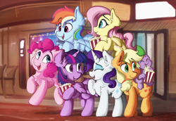 Size: 1600x1103 | Tagged: safe, artist:saxopi, character:applejack, character:fluttershy, character:pinkie pie, character:rainbow dash, character:rarity, character:spike, character:twilight sparkle, character:twilight sparkle (alicorn), species:alicorn, species:dragon, species:pony, my little pony: the movie (2017), cinema, food, mane seven, mane six, popcorn, poster, smiling