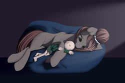Size: 2700x1800 | Tagged: safe, artist:styroponyworks, oc, oc only, oc:brownie bun, oc:richard, species:human, species:pony, bald, clothing, cuddling, female, husband and wife, male, mare, married couple, size difference, sleeping, straight