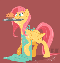 Size: 1600x1658 | Tagged: safe, artist:fluttershythekind, character:fluttershy, species:pegasus, species:pony, apron, clothing, cute, female, flour, food, mare, mouth hold, muffin, shyabetes, smiling, solo