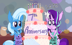 Size: 3853x2425 | Tagged: safe, artist:dragonpone, derpibooru original, character:starlight glimmer, character:trixie, species:pony, species:unicorn, :t, anniversary, apron, bipedal, bowl, cake, candle, cheek fluff, chest fluff, clothing, confused, cute, dialogue, diatrixes, duo, ear fluff, eating, female, flour, flower, food, frosting, glimmerbetes, great and powerful, happy birthday mlp:fim, implied mane seven, kiss the cook, mare, messy, mlp fim's seventh anniversary, open mouth, puffy cheeks, question mark, smiling, weapons-grade cute