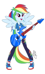 Size: 1252x2048 | Tagged: safe, artist:ilaria122, artist:sigmastarlight, character:rainbow dash, g4, my little pony: equestria girls, my little pony:equestria girls, clothing, converse, electric guitar, female, geode of super speed, guitar, magical geodes, new design, not a vector, open mouth, pants, ponied up, shoes, signature, simple background, sneakers, solo, transparent background