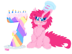 Size: 1024x768 | Tagged: safe, artist:vanillaswirl6, character:pinkie pie, species:pony, 7, :i, :t, anniversary, aweeg*, birthday, birthday cake, birthday candles, blushing, cake, candle, cheek fluff, chef's hat, chest fluff, clothing, colored eyelashes, ear fluff, eating, female, fluffy, food, frosting, happy birthday mlp:fim, hat, hoof fluff, looking at you, mare, messy eating, mlp fim's seventh anniversary, pinkie pie day, plate, puffy cheeks, raised hoof, simple background, sitting, solo, transparent background