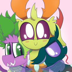 Size: 2050x2050 | Tagged: safe, artist:dragonpone, derpibooru original, character:pharynx, character:prince pharynx, character:spike, character:thorax, species:changeling, species:dragon, species:reformed changeling, ship:thoraxspike, blush sticker, blushing, c:, changedling brothers, freckles, gay, grin, hug, lidded eyes, looking at you, male, nervous, nervous grin, older, older spike, shipping, side hug, smiling, sweat, teenage spike, teenager, tongue out, unamused, winged spike, winghug