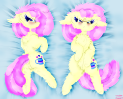 Size: 1024x824 | Tagged: safe, artist:vanillaswirl6, oc, oc only, oc:vanilla swirl, species:earth pony, species:pony, :<, >:<, belly fluff, blue background, blue eyes, blushing, body pillow, body pillow design, chest fluff, dock, ear fluff, embarrassed, floppy ears, fluffy, glasses, hoof fluff, looking at you, lying on bed, plot, simple background, solo, underhoof