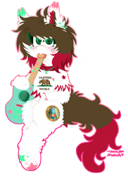 Size: 867x1189 | Tagged: safe, artist:vanillaswirl6, oc, oc only, oc:california, species:pony, bear, biting, bracelet, brown mane, california, clothing, dots, ear piercing, earring, face paint, female, green eyes, guitar, jewelry, looking at you, mare, markings, necklace, piercing, sharp teeth, shirt, simple background, sitting, solo, stars, teeth, transparent background, vanillaswirl6's state ponies