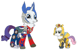 Size: 1859x1282 | Tagged: safe, artist:supahdonarudo, character:rarity, character:sweetie belle, episode:forever filly, g4, my little pony: friendship is magic, bumblebee, clothing, cosplay, costume, optimus prime, simple background, transformers, transparent background, vector