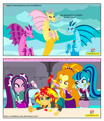 Size: 2220x2577 | Tagged: safe, artist:conikiblasu-fan, character:adagio dazzle, character:aria blaze, character:sonata dusk, character:sunset shimmer, species:siren, episode:shadow play, g4, my little pony: friendship is magic, my little pony:equestria girls, abuse, bacon hair, bully, bullying, canon, crying, drama, food, high res, ketchup, mayonnaise, mustard, patreon, patreon logo, sauce, shimmerbuse, sonataco, taco, the dazzlings