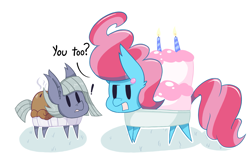 Size: 2605x1600 | Tagged: safe, artist:dragonpone, derpibooru original, character:cup cake, character:limestone pie, species:pony, cake, cake pony, candle, dialogue, duo, ear fluff, ear piercing, earring, exclamation point, female, food, food pony, jewelry, lidded eyes, looking at each other, mare, open mouth, original species, pie, pie pony, piercing, simple background, steam, surprised, white background