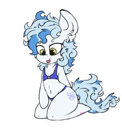 Size: 1280x1342 | Tagged: safe, artist:ashee, oc, oc only, oc:frostfall, species:earth pony, species:pony, belly button, clothing, ear fluff, female, kneeling, mare, semi-anthro, simple background, smiling, solo, swimsuit, tongue out, transparent background, ych result, yellow eyes