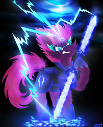 Size: 1024x1267 | Tagged: safe, artist:vanillaswirl6, character:tempest shadow, species:pony, species:unicorn, my little pony: the movie (2017), angry, armor, black background, broken horn, colored eyelashes, colored pupils, dock, double bladed sword, ear fluff, electricity, eye scar, fangs, female, hoof hold, lightning, looking at you, magic, mare, scar, snarling, solo, sparking horn, sword, weapon