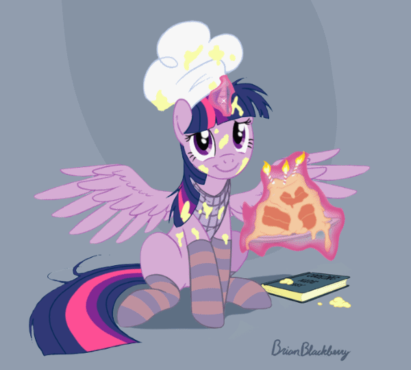 Size: 600x540 | Tagged: safe, artist:brianblackberry, artist:szafir87, edit, character:twilight sparkle, character:twilight sparkle (alicorn), species:alicorn, species:pony, g4, adorkable, animated, blinking, book, cake, chef's hat, cinemagraph, clothing, cute, dork, eye shimmer, female, food, gif, glowing horn, hat, magic, magic aura, mare, messy mane, messy tail, signature, simple background, smiling, socks, solo, spread wings, striped socks, szafir87 is trying to murder us, telekinesis, twiabetes, weapons-grade cute, wings, you tried