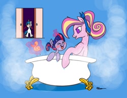 Size: 825x638 | Tagged: safe, artist:bunnimation, character:princess cadance, character:shining armor, character:twilight sparkle, species:alicorn, species:pony, species:unicorn, alternate hairstyle, bath, bathtub, blood, blushing, claw foot bathtub, female, filly, levitation, magic, mare, nosebleed, ponytail, rubber duck, telekinesis