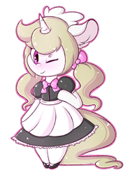 Size: 2185x2830 | Tagged: safe, artist:ashee, oc, oc only, oc:cherry blossom, blushing, bow, chibi, clothing, female, hair bow, maid, one eye closed, shoes, simple background, socks, solo, transparent background, wink