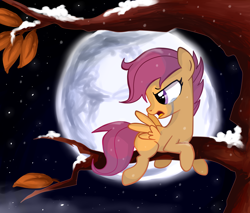 Size: 2000x1700 | Tagged: safe, artist:mirtash, rcf community, character:scootaloo, species:pegasus, species:pony, crying, female, full moon, moon, scootaloo can't fly, scootasad, snow, solo, tree, tree branch