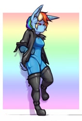 Size: 871x1280 | Tagged: safe, artist:krd, character:rainbow dash, species:anthro, species:plantigrade anthro, species:rabbit, abstract background, bodysuit, bunny ears, bunny girl, bunny tail, candy, clothing, ear piercing, food, jacket, latex, latex suit, leather jacket, lollipop, piercing, species swap