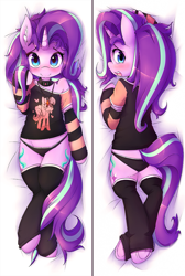 Size: 805x1200 | Tagged: safe, artist:hoodie, character:starlight glimmer, character:twilight sparkle, character:twilight sparkle (alicorn), species:alicorn, species:pony, species:unicorn, ship:twistarlight, arm warmers, blushing, body pillow, body pillow design, both cutie marks, clothing, collar, cute, cutie mark collar, ear fluff, female, glimmerbetes, implied lesbian, leg warmers, looking at you, looking back, mare, midriff, off shoulder, open mouth, pajamas, panties, plot, preview, semi-anthro, shipping, shirt, smiling, socks, solo, striped socks, underhoof, underwear