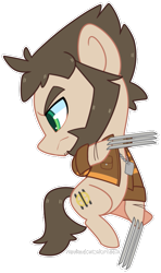 Size: 533x901 | Tagged: safe, artist:riouku, species:earth pony, species:pony, anti-hero, bone spike projection, chibi, claws, clothing, crossover, dog tags, green eyes, jacket, james howlett, logan, male, marvel, ponified, serious, serious face, sideburns, simple background, solo, stallion, transparent background, wolverine, x-men