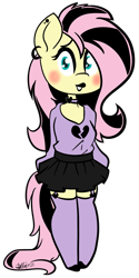 Size: 1957x3924 | Tagged: safe, artist:befishproductions, character:fluttershy, species:anthro, species:pony, species:unguligrade anthro, black lipstick, blushing, chibi, clothing, cute, ear piercing, emo, emoshy, female, garters, goth, lipstick, looking at you, mare, open mouth, piercing, scene kid, simple background, skirt, solo, stockings, thigh highs, transparent background, zettai ryouiki
