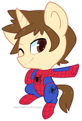 Size: 534x790 | Tagged: safe, artist:riouku, parent:peter parker, species:pony, chibi, crossover, marvel, one eye closed, ponified, simple background, smiling, solo, spider-man, transparent background, wink
