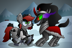 Size: 1135x765 | Tagged: safe, artist:snakeythingy, character:king sombra, oc, oc:dj charge, canon x oc, crystal, crystal empire, looking at each other, snow, sombra eyes, story included, trade, trapped