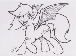 Size: 3515x2594 | Tagged: safe, artist:latecustomer, oc, oc only, oc:speck, species:bat pony, cute, smiling, solo, traditional art