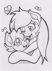 Size: 2635x3597 | Tagged: safe, artist:latecustomer, oc, oc only, oc:angel tears, oc:speck, species:bat pony, female, filly, heart, hug, mother and daughter, smiling, traditional art