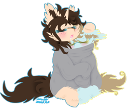 Size: 1024x890 | Tagged: safe, artist:vanillaswirl6, oc, oc only, oc:klo, oc:mei mei, species:pony, colored eyelashes, commission, cute, drool, duo, eyes closed, female, fluffy, get along shirt, mare, open mouth, simple background, sleeping, sleeping while sitting, snuggling, sweatshirt, transparent background