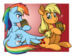 Size: 3300x2550 | Tagged: safe, artist:latecustomer, character:applejack, character:rainbow dash, species:earth pony, species:pegasus, species:pony, ship:appledash, apple cider (drink), blushing, butt touch, cider, feathermarking, female, lesbian, mare, never doubt tchernobog's involvement, shipping, sitting, wings